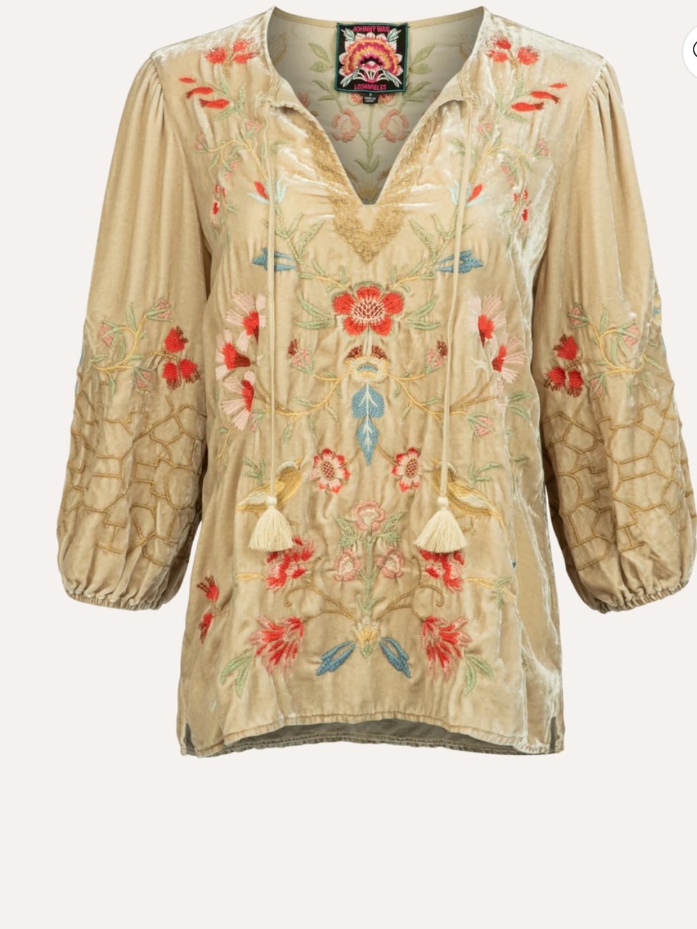 NWT Johnny Was Clara Embroidered Taupe Boho Blouse Tassel Tie Sz L